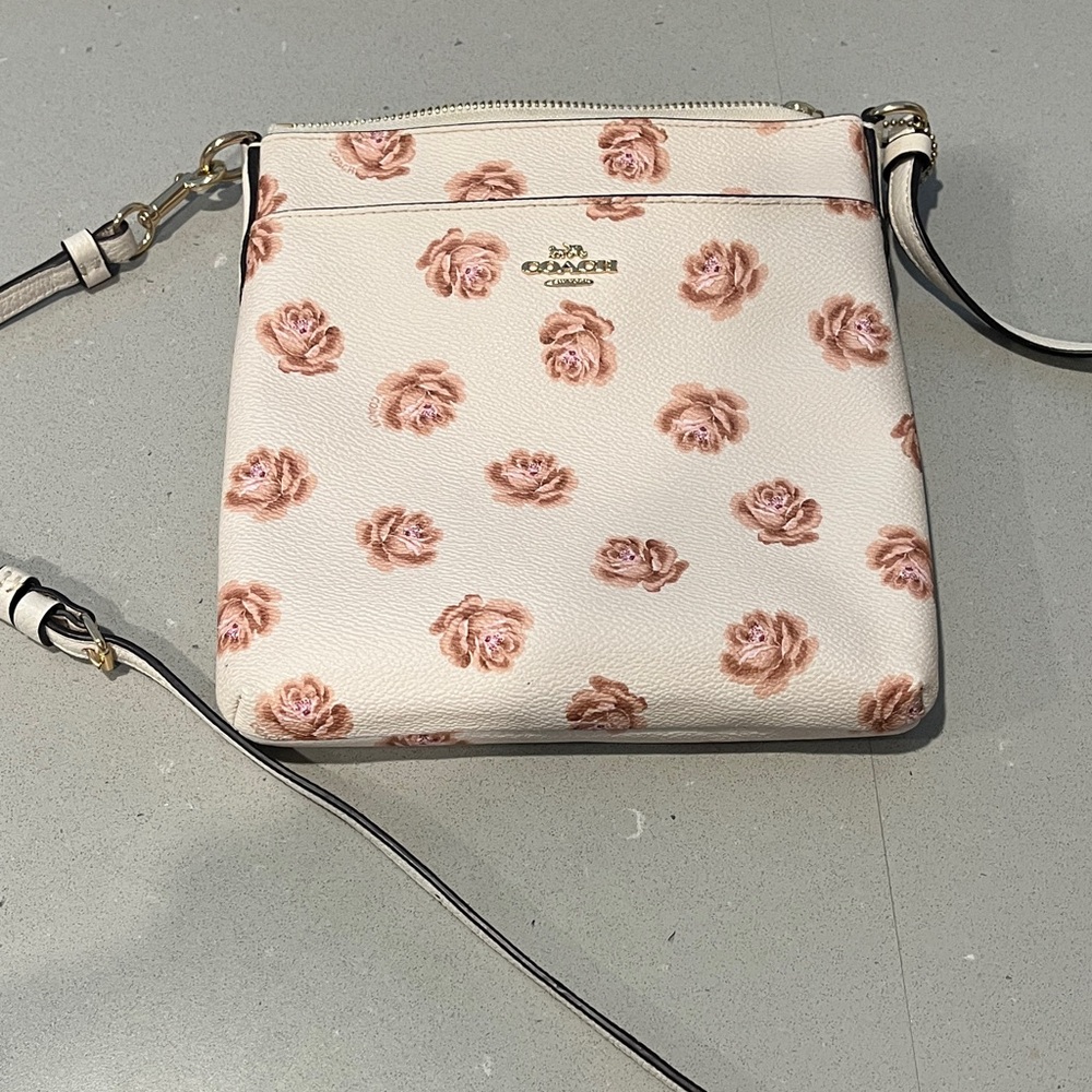 COACH Cream Crossbody Bag with Pink Rose Print
